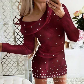 2024 Rudens nauji moteriški drabužiai Vienspalviai putplasčio karoliukai Dekoratyvinis aksominis atlapas Ilgomis rankovėmis Laisvalaikio sijonas