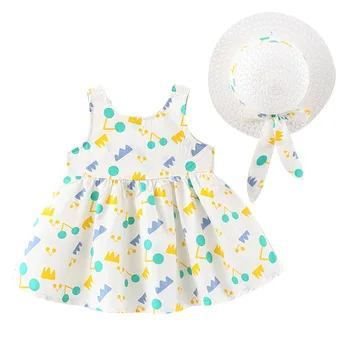 2Piece Summer Toddler Girls Drabužiai Korėjietiškas mielas sparnų atspaudas Medvilninė suknelė be rankovių Baby Princess suknelė+Sunhat suknelės naujagimiams BC006