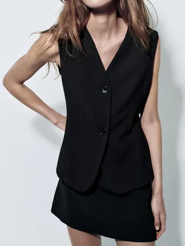 Solid Elegant Office Lady 2 Pieces Sets Woman V-Neck Sleeveless Singleed Slim Waistcoat A-line Mini sijonai Simple Suit
