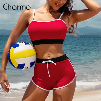 Charmo Women Sporty Casual Y2K Crop Dviejų dalių bikinio komplektas Block Color High Waist maudymosi kostiumėlis Maudymosi kostiumėlis Maudymosi kostiumėlis