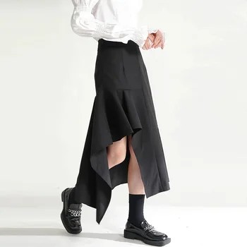 Moteriški sijonai 2023 Tamsiai juodo stiliaus padalintas sijonas Rudens ir žiemos netaisyklingas sūpynės liekninantis sijonas