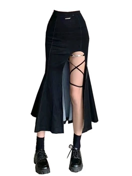 Moteriškas aukštas juosmuo Juodas gotikinis sijonas A-Line sijonas Harajuku Vintage Y2k Tvarsčio trimito sijonas su plyšiu 90-ųjų merginos 2023 Vasara