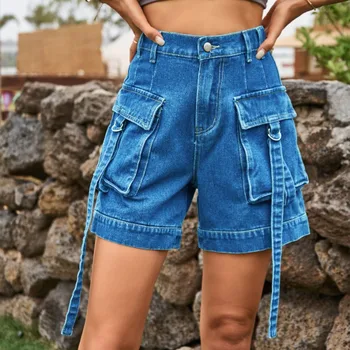 Naujas džinsinis kombinezonas, laisvalaikio kišeniniai šortai su elastingu juosmeniu moterims krovininės kelnės moteriški džinsai moteris