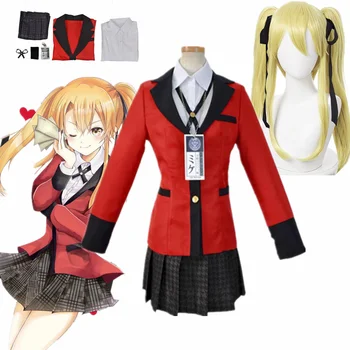 Anime Meari Saotome Kakegurui Kompulsyvus lošėjas Cosplay kostiumas Mokyklinės uniformos komplektas Cosplay kostiumai Raudonas paltas Auksinis perukas
