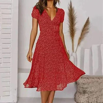 Boho Print suknelė moterims Elegantiškas diržas V kaklu trumpomis rankovėmis Didelė suknelė 2023 m. vasaros sijonas Vintage Beach Party Maxi Dres