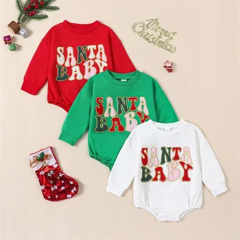 Mažylio kūdikių drabužėliai Kalėdinis romperis Laiškų siuvinėjimas ilgomis rankovėmis Ekipažas Kaklo smėlinukas Naujagimio kombinezonas Vaikiški drabužiai